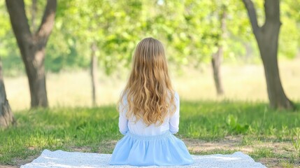 Poster - A young girl in a soft blue dress enjoys a sunny picnic in the park, surrounded by nature and joy.