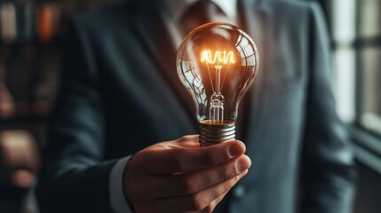 Sticker - Businessman Holding Light Bulb in Modern Office