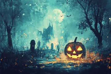 pumpkin in a spooky Graveyard at night