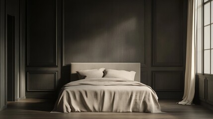 Mock up frame in a minimalist room with charcoal grey walls and a comfortable beige bed