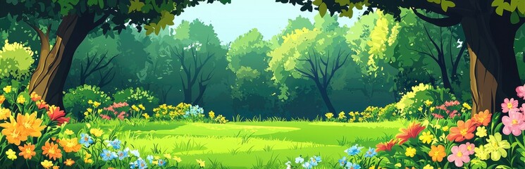 Wall Mural - Lush Green Forest Clearing with Vibrant Wildflowers