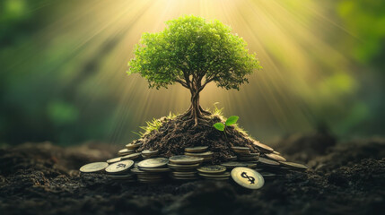 A green tree flourishing atop a stack of coins, symbolizing the synergy between environmental sustainability and financial success