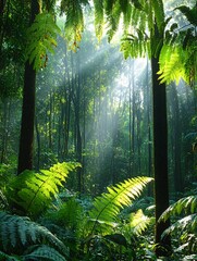 Wall Mural - Sunlight beams through the dense canopy of a lush, green tropical rainforest.