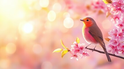 Poster - A serene bird rests on a blooming branch, surrounded by soft colors in a blurred background, evoking tranquility.