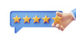 © ImageFlow - Hand holding a yellow star, rating in blue speech bubble with five stars, isolated on white background. Concept of review, feedback. 3D Rendering