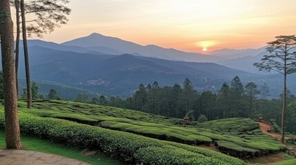 Sticker - Serene Sunset Over Lush Green Tea Plantation Landscape