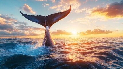 Wall Mural - whale tail breaching the surface of the ocean at sunset.