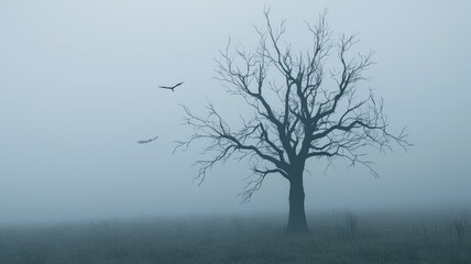 A Single Bare Tree Stands in a Foggy Field with Two Birds Flying Above