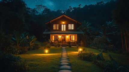 Poster - A cozy cabin nestled in the woods, illuminated by warm lights on a starry night.