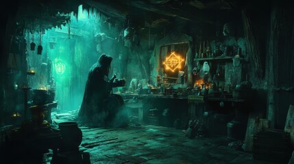 A chilling scene of Baba Yaga preparing potions in her hut, strange symbols glowing on the walls