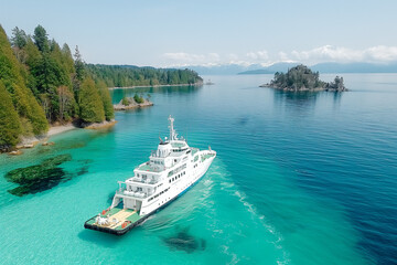 Tranquil Waters: Aerial View of Cruise Ship Sailing Past Lush Islands, Hydrogen transportation