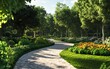 © Ahmadnawavi - A winding stone path leads through a lush green garden with vibrant flowers and tall trees.