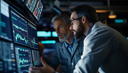 Two professionals analyzing data on screens in a modern office, showcasing teamwork, technology, and data visualization.