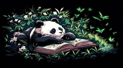 Canvas Print - Panda Sleeping on a Book in a Forest