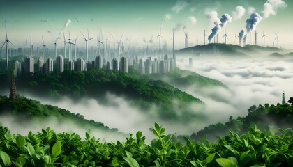 Wall Mural - Cityscape Through the Mist Amidst Lush Forests and Wind Turbines