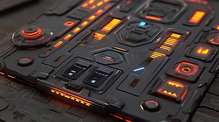 Futuristic Interface with Glowing Buttons and Controls