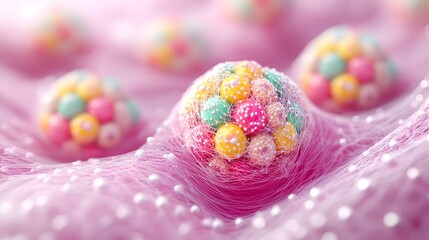 Colorful Balls in Pink Netting Abstract Background