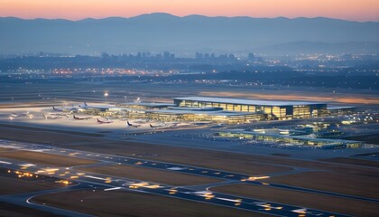 Sticker - Stunning Aerial Perspective of Airport Runway Nestled Amid Vibrant Cityscape