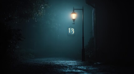 A dark, foggy street with an old lantern flickering, and the number 13 appearing in the