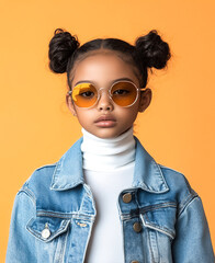 Portrait of pretty girl with cute hair buns wearing round blue glasses standing on orange background.