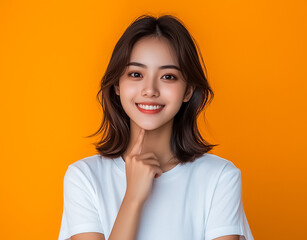 Young Asian woman smiling and pointing at her lips on a yellow background.