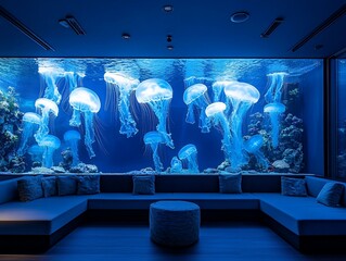 A large aquarium with many jellyfish swimming in front of a comfortable seating area.