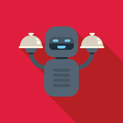 Wall Mural - Friendly robot waiter holding two covered silver restaurant dishes, concept for robotic automation in the food industry