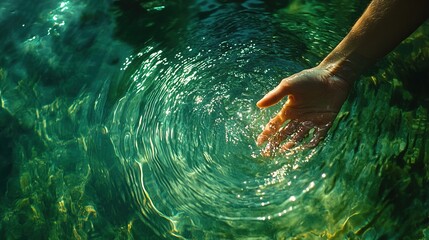 A hand touching the surface of pure green water of the river in nature on a sunny day --ar 16:9 --stylize 250 --v 6.1 Job ID: d3b91ef5-4d6c-48c0-b963-3f7e892b03e8