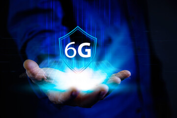 6G Technology networks Internet connecting wireless devices around the world. 6g icon in businessman hand. 6G technology is essential to businesses in the digital world.