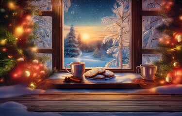 A window with frosted panes reveals a snowy winter landscape, with a warm glow emanating from the sun setting behind the trees. A mug of steaming beverage and cookies sit on a wooden surface, framed b