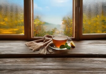 A cup of steaming tea sits on a wooden windowsill, a lemon slice and a cozy scarf nearby. The window is covered in condensation, obscuring a view of a hazy forest beyond.