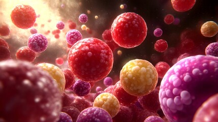 Poster - Abstract Colorful Spheres  3D Render  Microscopic  Cell  Organic  Glowing  Background