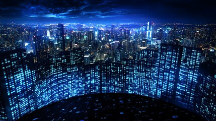 Futuristic Cityscape with Digital Data Display and Night Sky