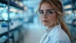 © Рудой Максим - Young female scientist wearing glasses in a laboratory during the day, focusing on research with shelves of lab equipment in the background