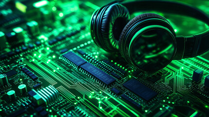Poster - Headphones resting on circuit board in green lighting