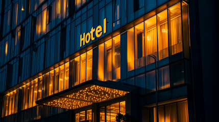 Poster - Hotel entrance illuminated at night showing warm light from windows