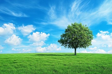 Wall Mural - a single tree standing tall in a green field under a blue sky with fluffy white clouds.