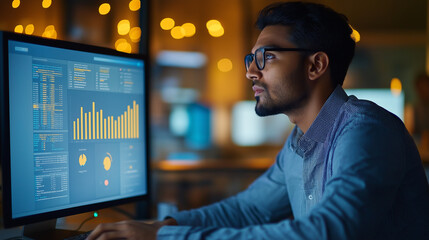 Poster - Pensive software developer working late on computer with code and charts displayed on screen
