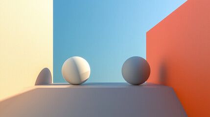 Poster - 3d render of a minimalist composition with two spheres casting shadows