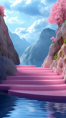 Wall Mural - Pink stairs leading to a serene mountain lake.