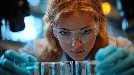 A focused female scientist in safety goggles conducts an experiment with test tubes in a modern laboratory setting during the daytime