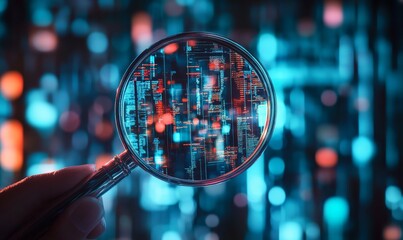 a magnifying glass reveals a close-up of code with a blurred background of blue and red lights.