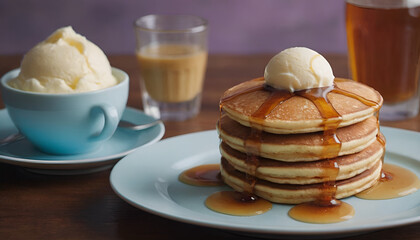 Wall Mural - stack of pancakes with a scoop of vanilla ice cream on top
