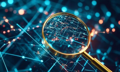 Poster - A magnifying glass sits on a grid of glowing blue and red lines, symbolizing the search for data and knowledge in the digital world.