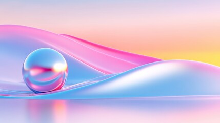 Wall Mural - Abstract Metallic Sphere on Smooth Pastel Gradient Background with Soft Waves and Vibrant Colors