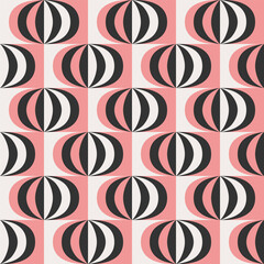 Retro midcentury striped circles pink Vector pattern
Retro Atomic style spheres with black stripes checker seamless pattern.