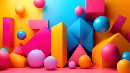 Wall Mural - Vibrant Geometric Shapes in Colorful Abstract 3D Composition with Spheres and Cubes