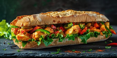 Tasty and fresh chicken curry sandwich with greens and bell peppers, featuring a mix of vegetables and chicken on bread.