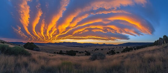 Canvas Print - A breathtaking panorama of a fiery sunset with layered clouds over a grassy field.