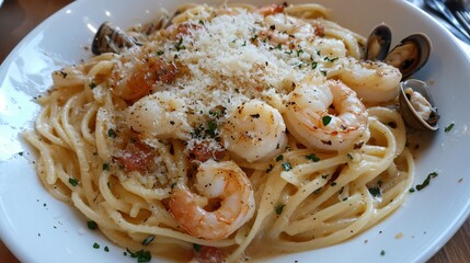 Close-up of a plate of spaghetti with shrimp, clams, and Parmesan cheese.